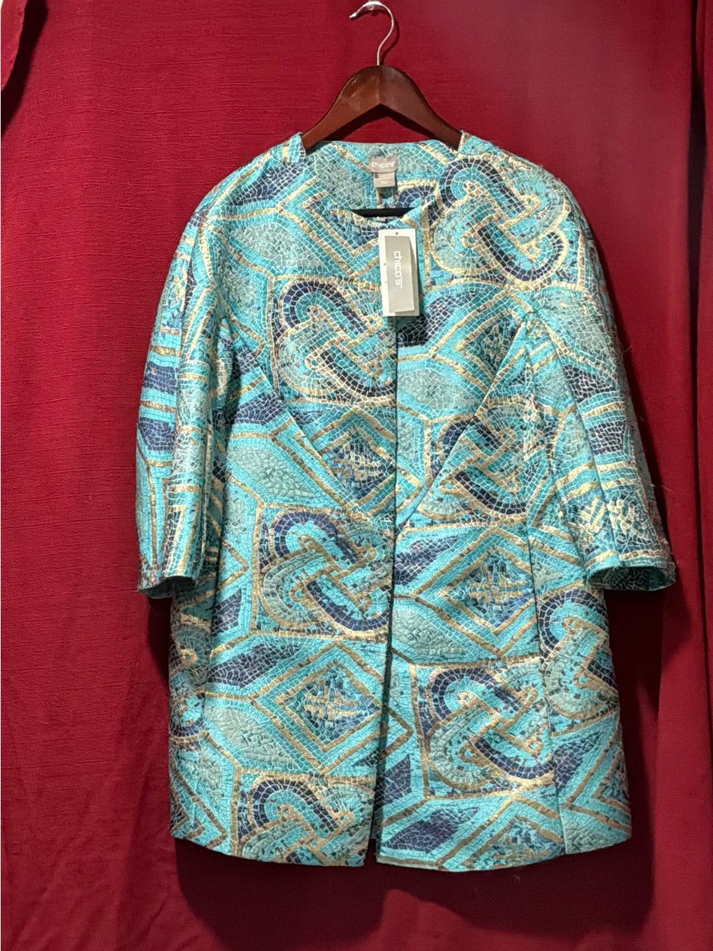 Chico's Turquoise and Gold Brocade Open Jacket